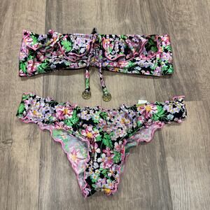 Luli Fama Bandeau Ruffle Scrunch Butt Bikini Swim Suit Floral Size XS/Small